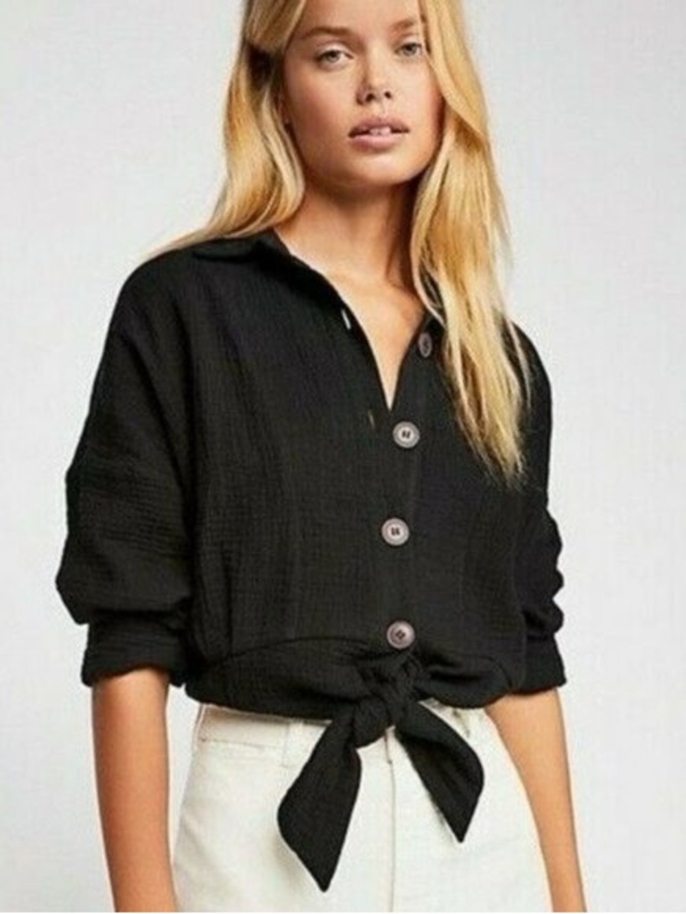 Free People Sunstreaks Tie-Front Button Down Blouse in Black XS